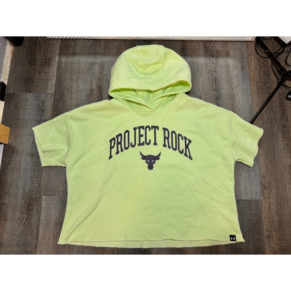 Under Armour Project Rock youth YXL Short Sleeve Hoodie Lime Green Brahma Bull